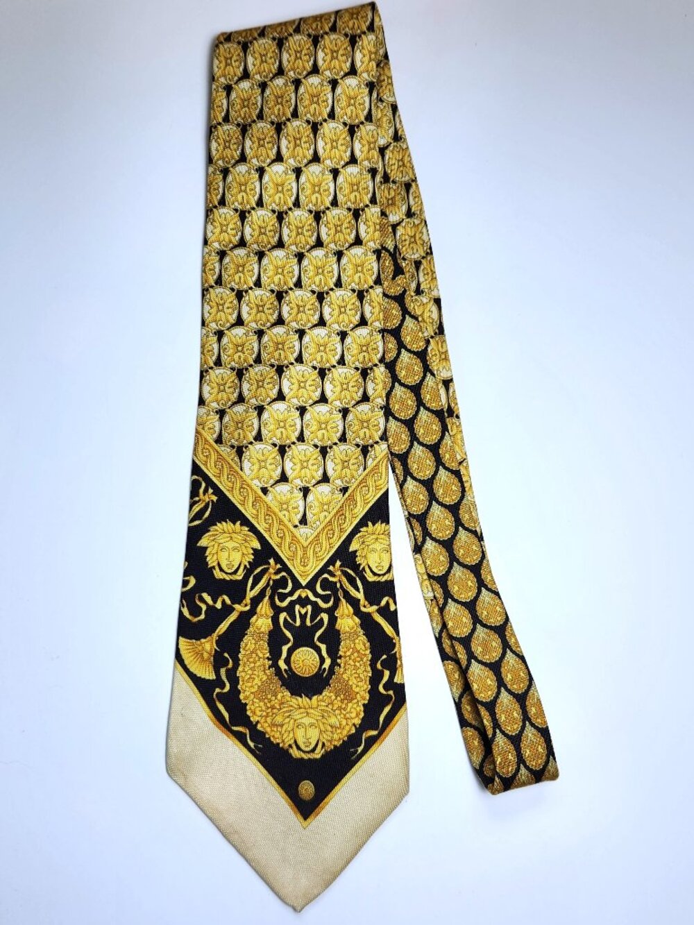 Vintage Gianni Versace Silk Tie Gold Black Baroque Medusa Coin Hand Made Spain